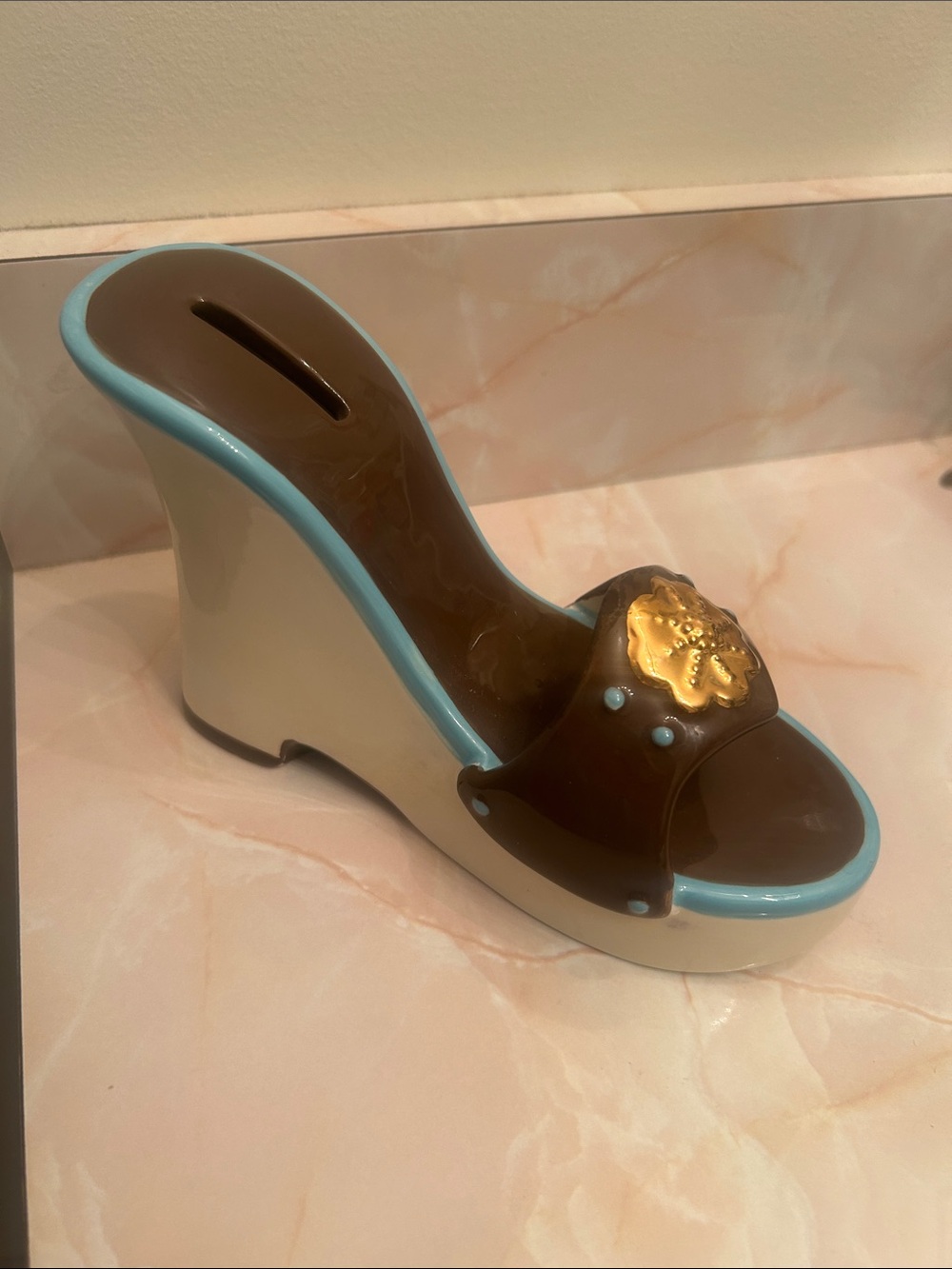 RUSS Ceramic Wedge Slide Sandal Piggy Bank in Brown and Cream with Blue Trim
